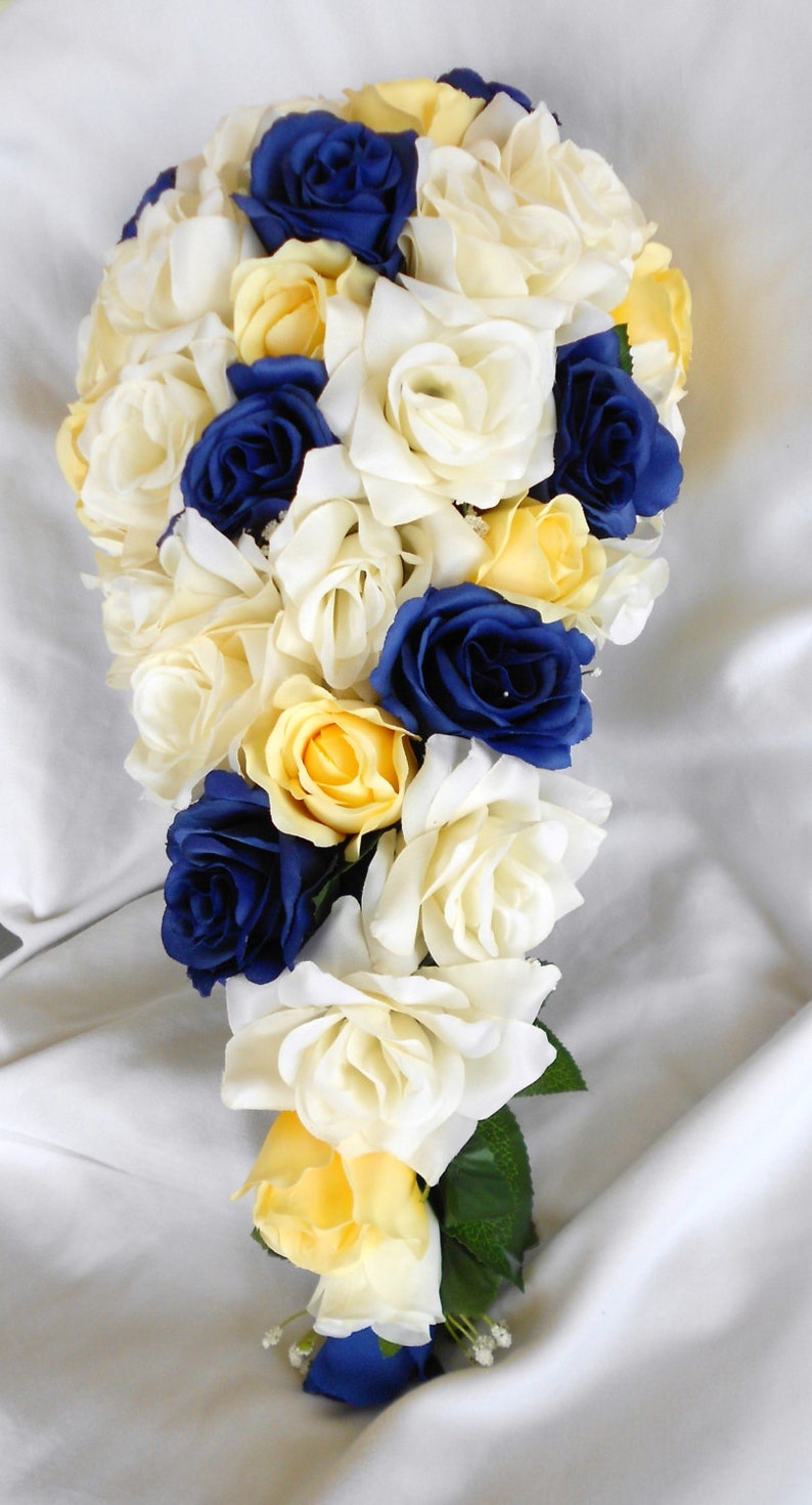 Royal Blue Yellow and Ivory Bridal Cascade Silk Bouquet 2 Pc Etsy