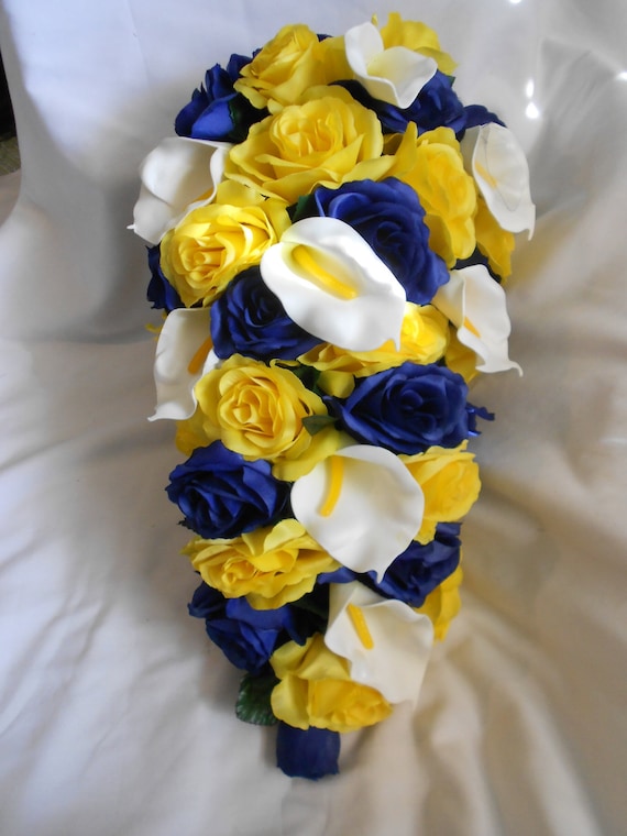 Flores de novias amarillas y azul marino ramo en cascada 2 - Etsy España