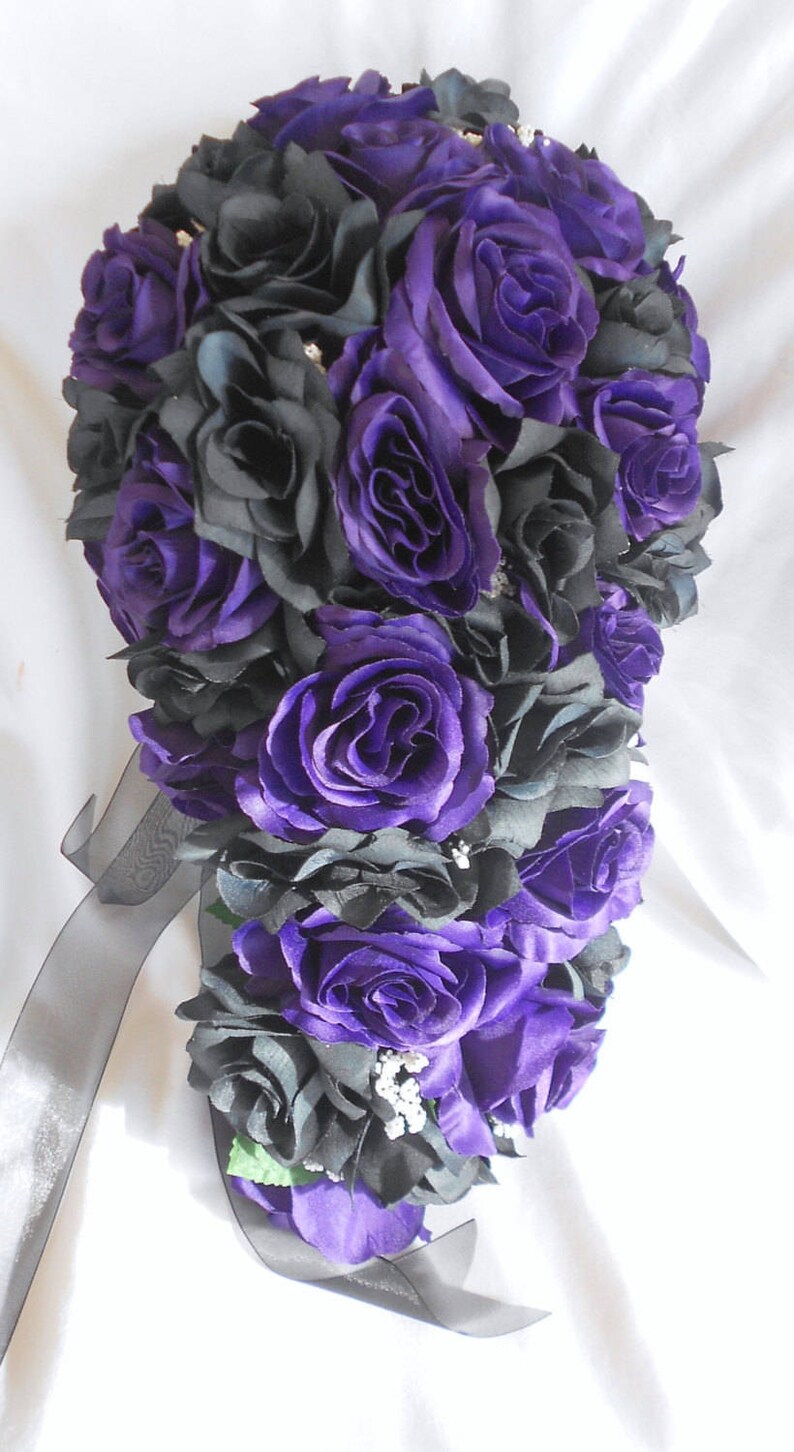 Black And Royal Purple Cascade Wedding Bouquet Gothic Style Weddings Bouquets Corsages Valresa Com