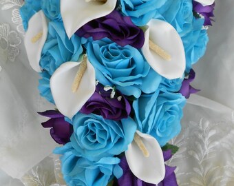 Cascading bridal bouquets wedding set  21 pc. All roses blue and royal purple