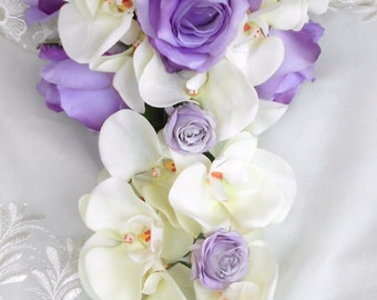 Lavender , white orchids and roses brida wedding cascade bouquet 2pcs