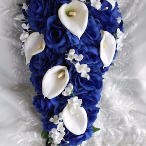Royal blue  cascade bouquet callas lilies , lilies of the valley and roses 2 pieces