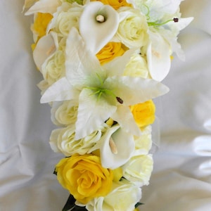 Ivory lilies , white callas,  yellow roses cascade bridal bouquet 2 pc