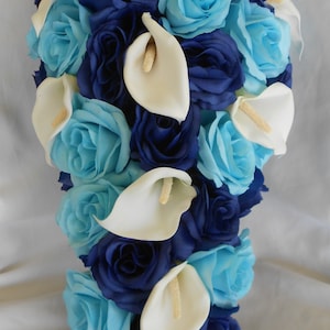 Wedding set bridal royal blue and agua blue with white callas 21 pieces