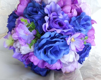 Silk wedding set bouquets  royal blue and purple made of  roses, hydrangeas, and  peonis 15 pieces