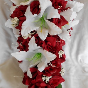 Cascade Bouquet red roses and white casablanca lilies