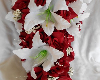 Cascade Bouquet red roses and white casablanca lilies