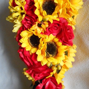 Sunflowers and red roses bridal bouquet set of 21pc