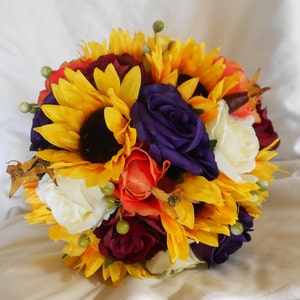 Fall  bridal wedding set 17 sunflowers and roses yellow , orange , purple and ivory