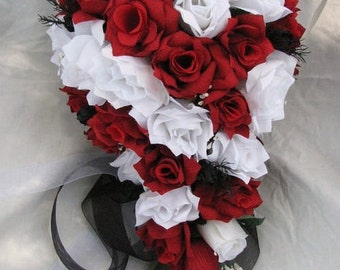 Bridal bouquet silk cascade red white and black