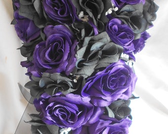 Gothic Silk Wedding bridal bouquet  black and Royal  purple 2 pc Cascade style made of all roses boutonnier is included