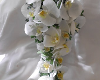 Cascade bridal bouquet all white orchids with yellow center
