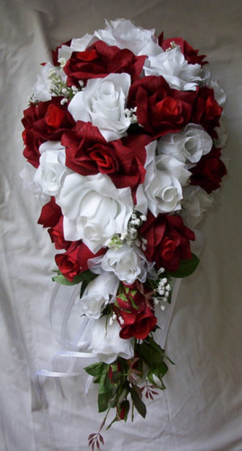 Teardrop cascade bridal red and white bouquet for wedding