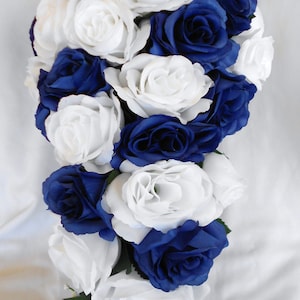 Silk Cascade wedding bridal bouquet Royal blue and white