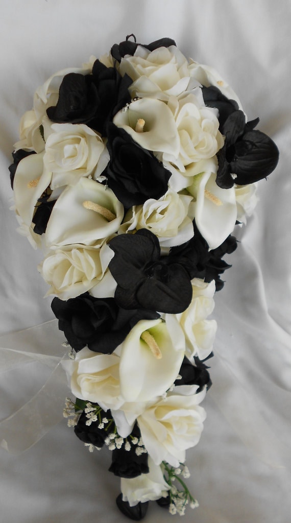 Black Orchids and White Roses Cascading Wedding Bouquet