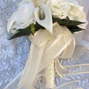 Bridal bouquet ivory and white roses and callas lilies round nosegay style 2 pieces