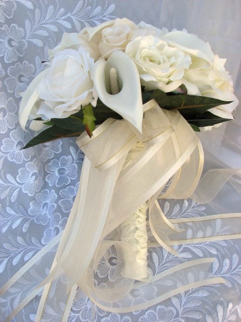 Bridal bouquet ivory and white roses and callas lilies round nosegay style 2 pieces
