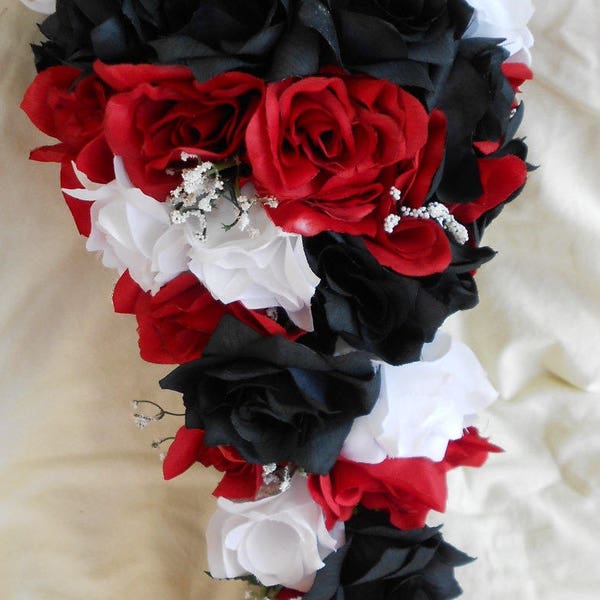 Silk Black red and white cascade wedding bouquet groom boutonniere includes