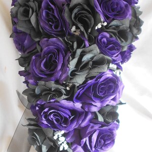 Bridal cascade bouquet black and purple all roses Gothic style  4 pc
