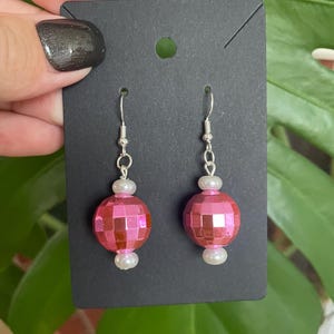 Pink Disco Ball Dangle Earrings with Sterling Silver Hardware and White Glass Beads