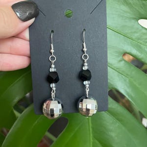 Disco Ball Dangle Earrings with Clear and Silver Glas Beads and Black Crystal Beads and Sterling Silver Hardware