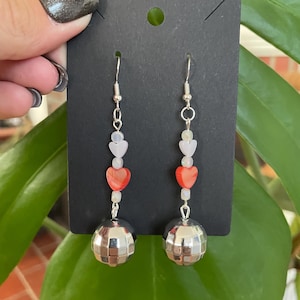 Disco Ball Dangle Earrings with Pink and Red Heart Glass Beads and Sterling Silver Hardware