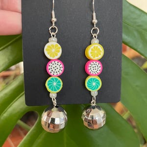 Disco Ball Dangle Earrings with Clay Fruit Beads, Glass Beads, and Sterling Silver Hardware