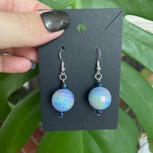 Blue Disco Ball Dangle Earrings with Sterling Silver Hardware and Dark Blue Glass Beads
