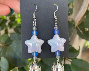 Disco Ball Dangle Earrings with White Star Beads, Glass Beads, and Sterling Silver Hardware