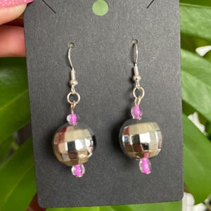 Silver Disco Ball Dangle Earrings with Sterling Silver Hardware and Purple Glass Beads