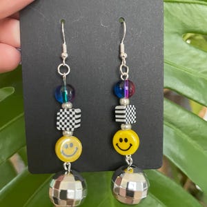 Disco Ball Dangle Earrings with Clay Checker Beads, Glass Beads, Smiley Face Beads, and Sterling Silver Hardware