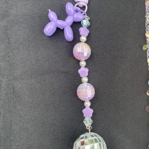 Long Beaded Disco Keychain with Purple Balloon Animal Charm and Purple Disco Ball Beads