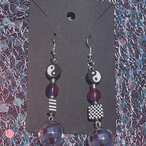 Disco Ball Dangle Earrings with Clay Checker Beads and Yin Yang Beads, Glass Beads, and Sterling Silver Hardware