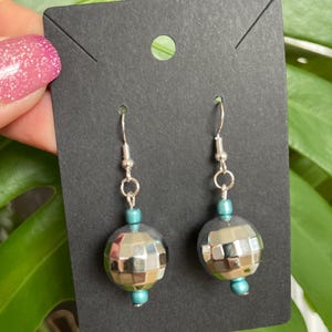 Silver Disco Ball Dangle Earrings with Sterling Silver Hardware and Blue Glass Beads