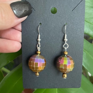 Brown Disco Ball Dangle Earrings with Sterling Silver Hardware and Gold Glass Beads