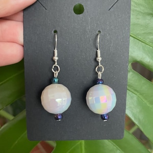 White Disco Ball Dangle Earrings with Sterling Silver Hardware and Dark Blue Glass Beads