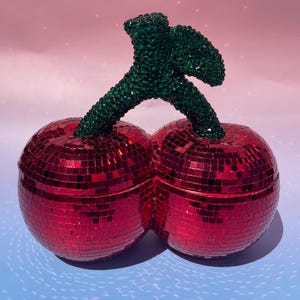 Disco Cherries Stash Box or Jewelry Box ~ Ceramic Cherries Double Compartment Box Made with Red Mirror Ball Tiles and Green Rhinestones
