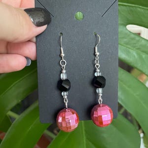 Pink Disco Ball Dangle Earrings with Clear and Silver Glas Beads and Black Crystal Beads and Sterling Silver Hardware
