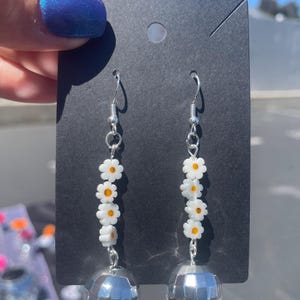 Disco Ball Dangle Earrings with White Flower Glass Beads and Sterling Silver Hardware