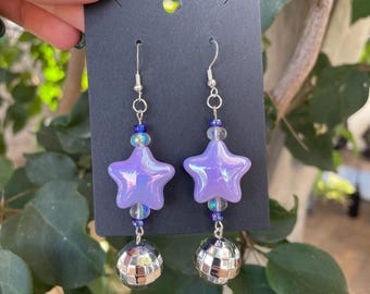 Disco Ball Dangle Earrings with Purple Star Beads, Glass Beads, and Sterling Silver Hardware
