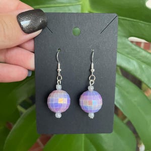 Purple Disco Ball Dangle Earrings with Sterling Silver Hardware and White Glass Beads
