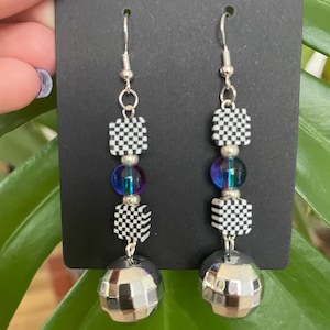 Disco Ball Dangle Earrings with Clay Checker Beads, Glass Beads, and Sterling Silver Hardware