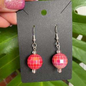 Red Disco Ball Dangle Earrings with Sterling Silver Hardware and Clear Glass Beads