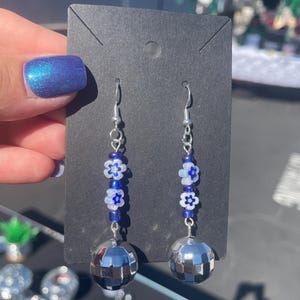 Disco Ball Dangle Earrings with Blue and White Flower Glass Beads and Sterling Silver Hardware