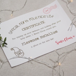 Carta de Santa Claus - Certificado personalizado de la lista de Niza - Carta personalizada de Santa, impresión de papel de aluminio real, carta de Papá Noel