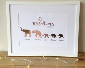 Family elephant Foil Print - Animal print - Family Print - Elephant print , Giraffe , Penguins foil print - Personalised Print