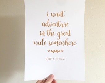 Walt Disney Foil Print - Disney Print - Home Decor - Adventure foil Print - Copper Home Decor - Beauty and the beast print - belle print