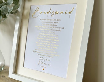 Bridesmaid Print, Bridesmaid Foil Print, Gift For Bridesmaid, Personalised Bridesmaid Gift, wedding gift, wedding poem, maid of honour gift