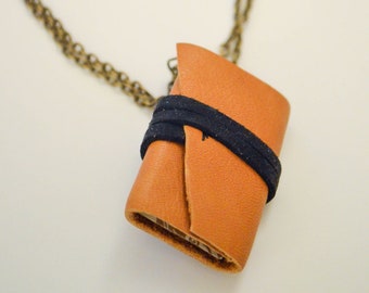 Mini Tan Leather Book Necklace ~ Hand Bound ~ Journal ~ Upcycled