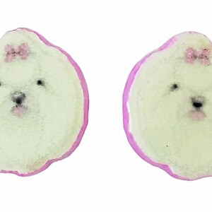 Maltese Portrait Earrings, Pink Accents